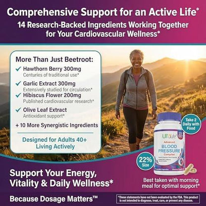 ULTALIFE Blood Pressure Supplements - Advanced Blood Pressure Support Complex with Hawthorn Berry, Hibiscus, Garlic, Forskolin - 14 Vitamins & Herbs, 30 Day Supply in Veggie Capsules