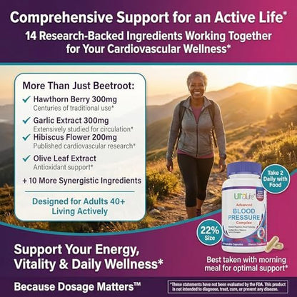 ULTALIFE Blood Pressure Supplements - Advanced Blood Pressure Support Complex with Hawthorn Berry, Hibiscus, Garlic, Forskolin - 14 Vitamins & Herbs, 30 Day Supply in Veggie Capsules