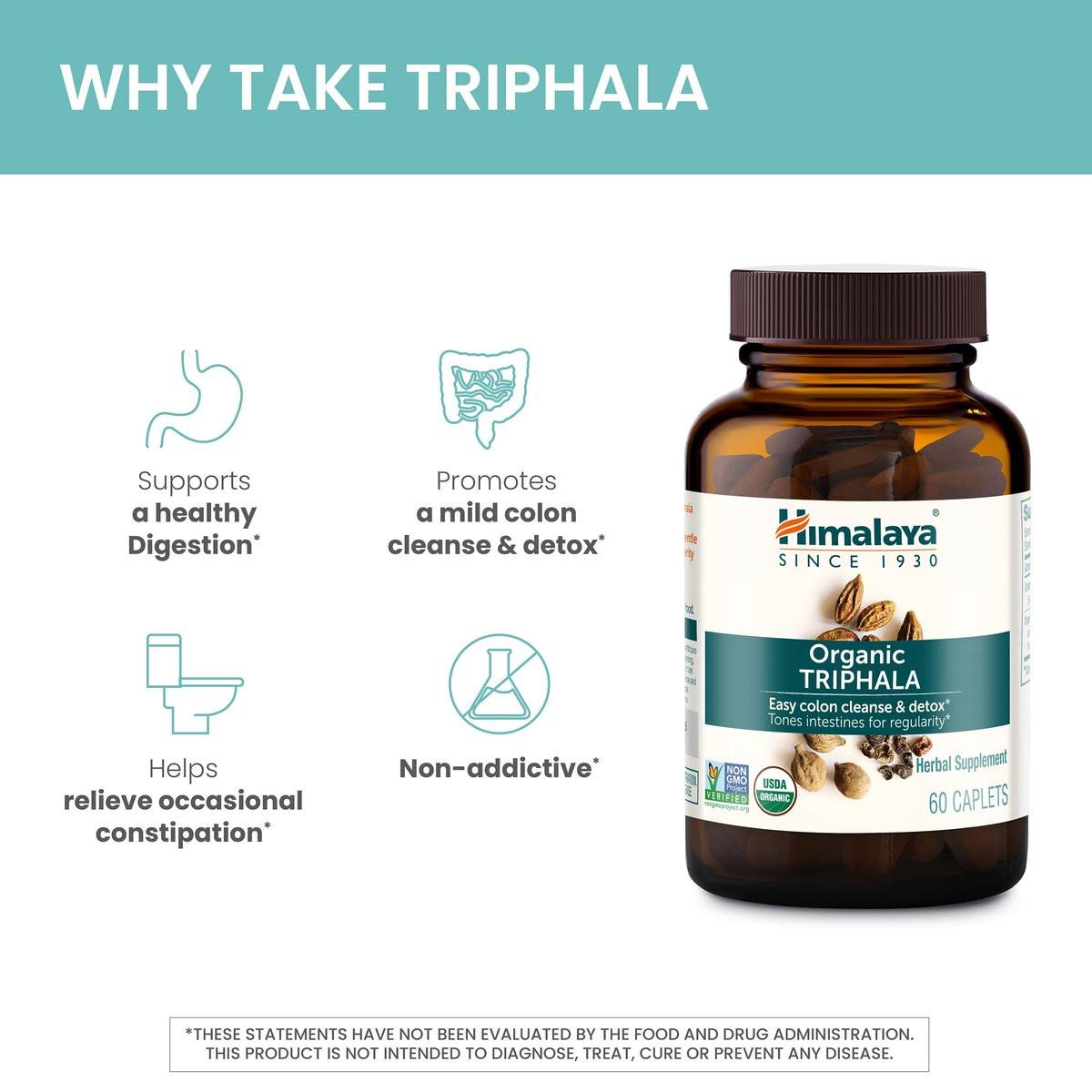 Himalaya Organic Triphala - Digestive Health Supplement for Colon Cleanse & Occasional Bloating and Constipation Relief - USDA Organic, Vegan, Non-GMO, Gluten Free, 688 mg, 30 Caplets - görsel 7