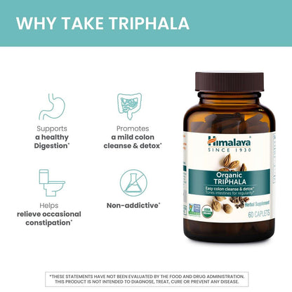 Himalaya Organic Triphala - Digestive Health Supplement for Colon Cleanse & Occasional Bloating and Constipation Relief - USDA Organic, Vegan, Non-GMO, Gluten Free, 688 mg, 30 Caplets