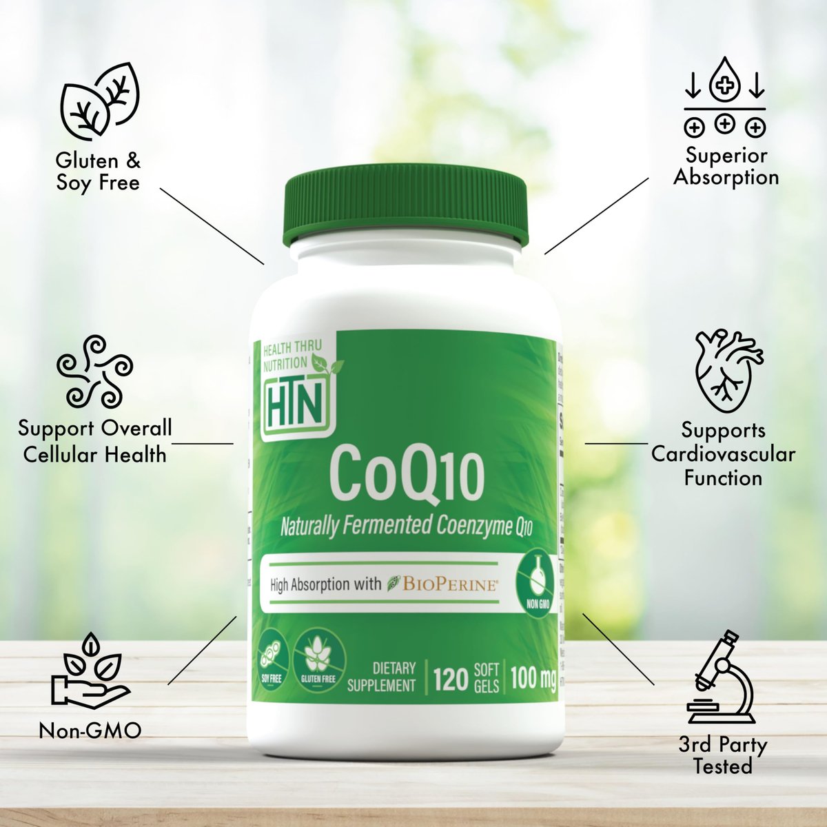 Health Thru Nutrition CoQ-10 100mg with BioPerine 120 Softgels | High Absorption Naturally Fermented USP Grade Coenzyme Q10 Supplement | 3rd Party Tested | Heart Health and Energy Support - görsel 7