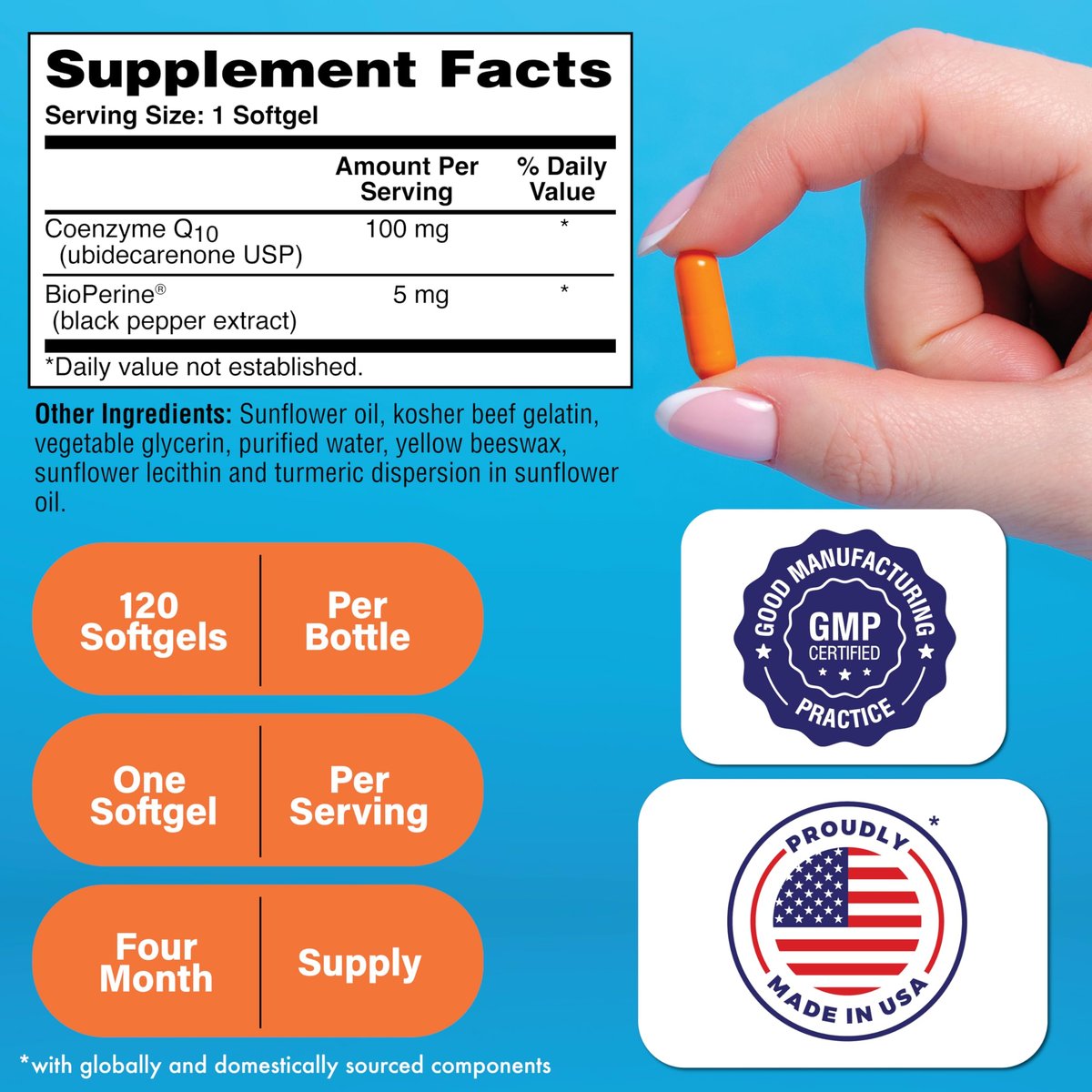 Health Thru Nutrition CoQ-10 100mg with BioPerine 120 Softgels | High Absorption Naturally Fermented USP Grade Coenzyme Q10 Supplement | 3rd Party Tested | Heart Health and Energy Support - görsel 3