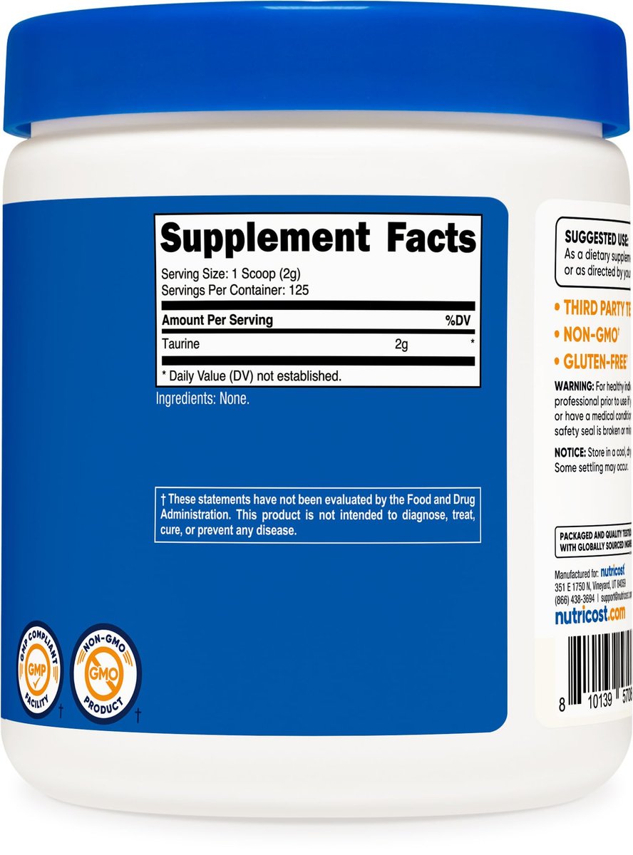 Nutricost Taurine Powder 250 Grams - 125 – Amount Per Serving: Taurine 2000mg – Image 9