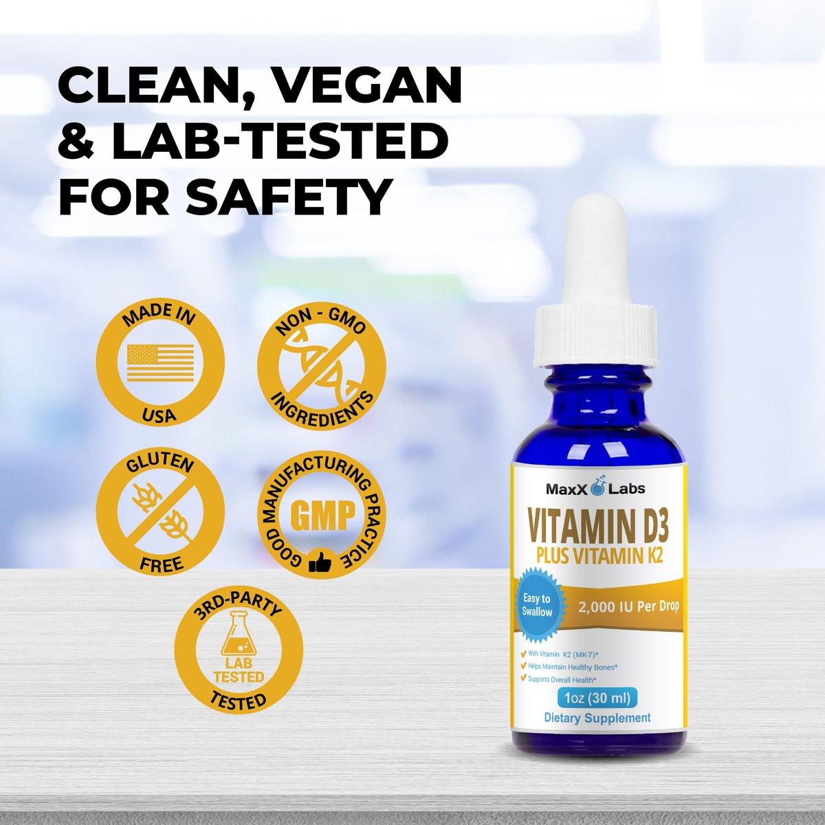 MaxX Labs Vitamin D3 K2 Liquid Drops - Liquid Vitamin-D3 2000 IU Per Drop with K2 Supplements for Adults & Kids - Vitamin D K2 MK7 for Healthy Bones, Heart & Immune - 1 Oz Dropper + 900 Days Supply - görsel 5