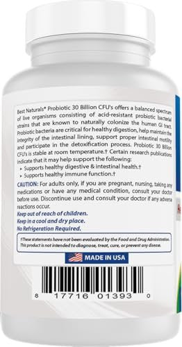 Best Naturals Probiotic 10 Strains & 30 Billion CFU Intestinal Flora, 120 Veggie Capsules - Shelf Stable