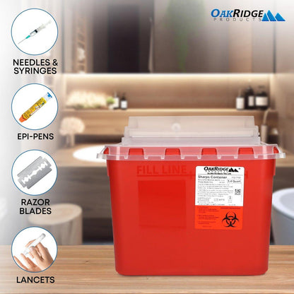 Oakridge Products Transparent Sharps Container for Home Use and Professional 5.4 Quart (2-Pack), Touchless Biohazard Needle and Syringe Disposal, Rotating Lid, CDC Certified