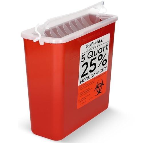 Oakridge Products Sharps Container for Home Use and Professional 5 Quart (1-Pack), Biohazard Needle and Syringe Disposal, Horizontal Drop Style Lid with Levers, CDC Certified - görsel 1