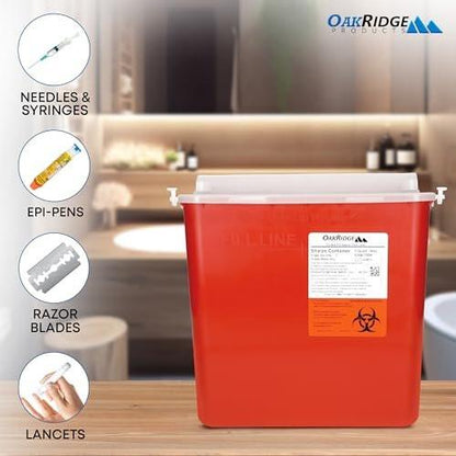 Oakridge Products Sharps Container for Home Use and Professional 5 Quart (1-Pack), Biohazard Needle and Syringe Disposal, Horizontal Drop Style Lid with Levers, CDC Certified