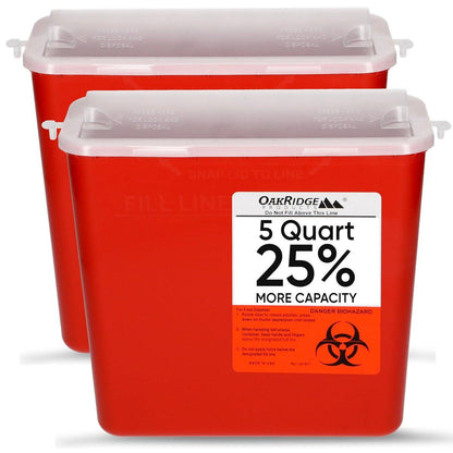 Oakridge Products Sharps Container for Home Use and Professional 5 Quart (2-Pack), Biohazard Needle and Syringe Disposal, Horizontal Drop Style Lid with Levers, CDC Certified