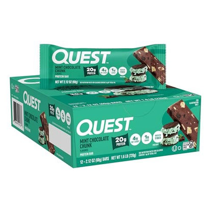 Quest Nutrition Mint Chocolate Chunk Protein Bars, 20g Protein, 1g Sugar, 4g Net Carb, High Fiber, Gluten Free, Keto Friendly, 12 Count