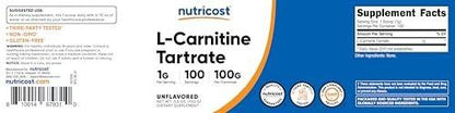 Nutricost L-Carnitine Tartrate Powder (100 Grams) - 1 Gram per Serving; 100 Servings