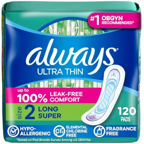 Always Ultra Thin Feminine Pads Without Wings, Size 2 Long Super Absorbency, Unscented, 40 Count x 3 Pack (120 Count Total) - görsel 1