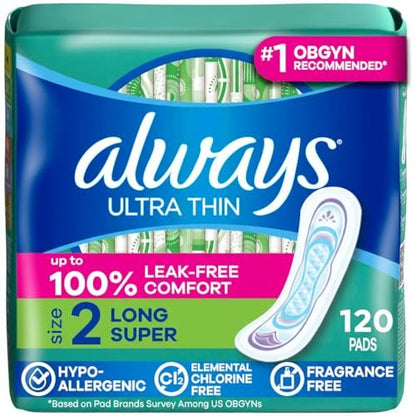 Always Ultra Thin Feminine Pads Without Wings, Size 2 Long Super Absorbency, Unscented, 40 Count x 3 Pack (120 Count Total)