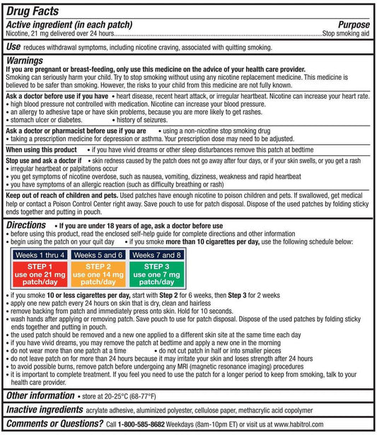 Habitrol Nicotine Transdermal System Patch | Stop Smoking Aid | Step 1 (21 mg) | 7 Patches (1 Week Kit) | Packaging May Vary