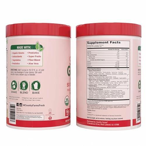Country Farms Organic Super Greens Berry Flavor, 50 Organic Super Foods, Packed with Fiber, USDA Organic Drink Mix, Fruits, Vegetables, Mushrooms & Probiotics, Supports Energy, 5g Fiber - görsel 5