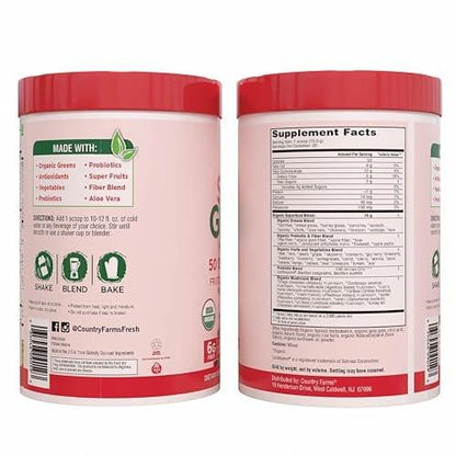 Country Farms Organic Super Greens Berry Flavor, 50 Organic Super Foods, Packed with Fiber, USDA Organic Drink Mix, Fruits, Vegetables, Mushrooms & Probiotics, Supports Energy, 5g Fiber
