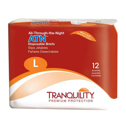 Tranquility Premium ATN Disposable Briefs with Tabs, Overnight Protection Superabsorbent Core for Leak-Free and Full-Fit Comfort, Large 12ct Bag