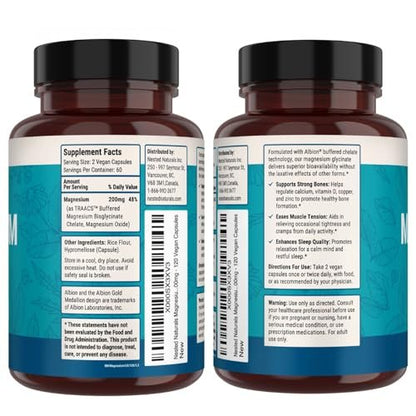Nested Naturals Magnesium Glycinate Chelate - 200mg Chelated Magnesium Supplement for Muscle Cramps, Relaxation, & Sleep Support - 100% Albion TRACCS Buffered Magnesium Glycinate - 120 Vegan Capsules