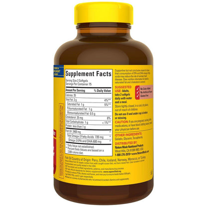 Nature Made Fish Oil Omega 3 Supplements, 1200 mg Softgels, Omega 3 Fish Oil for Healthy Heart Support, 150 Softgels, 75 Day Supply