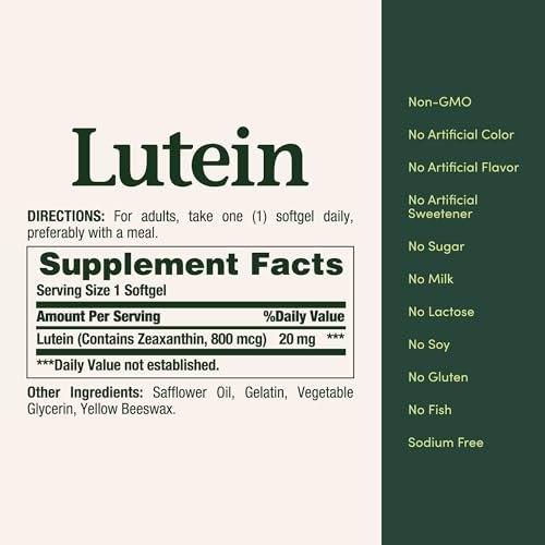 Nature's Bounty Lutein Pills, Eye Health Supplements and Vitamins, Support Vision Health, 20 mg, 40 Softgels - görsel 5