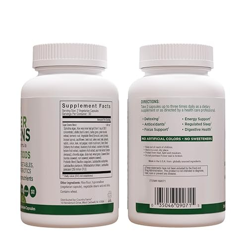 COUNTRY FARMS Super Greens Vegicaps, 32 Super Foods, Whole Food Supplement, Greens, Fruit, Vegetables, Mushrooms & Probiotics, Rich in Antioxidants & Phytonutrients, 120 Count, 60 Servings - görsel 9