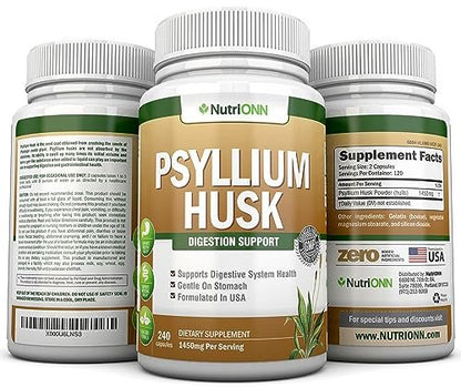 NutriONN PSYLLIUM Husk Capsules - 1450mg Per Serving - 240 Capsules - Double Strength - Premium Psyllium Fiber Supplement - Great for Digestion and Regularity - 100% Natural Soluble Fiber