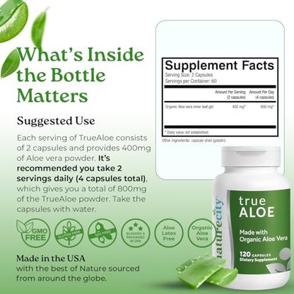 NatureCity TrueAloe Organic Aloe Vera Capsules - Supports Digestive Balance, Joints and Stomach Comfort - Plant-Based Aloe Barbadensis Powder - Easy-to-Swallow Single Ingredient Formula - 120 Caps