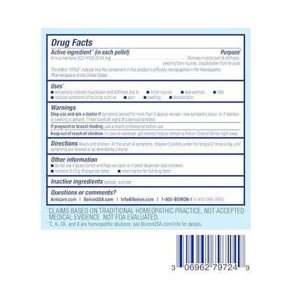 Boiron Arnica Montana 30C Homeopathic Medicine for Relief from Muscle Pain, Muscle Stiffness, Swelling from Injury, and Discoloration from Bruises - 3 Count (240 Pellets)