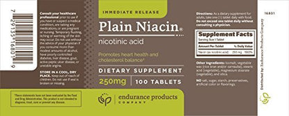 Endurance Products Endur Plain Niacin (Nicotinic Acid), Heart Health & Healthy Cholesterol Balance Supplement, Immediate-Release Formula, Gluten Free, 250mg (100 Tablets)