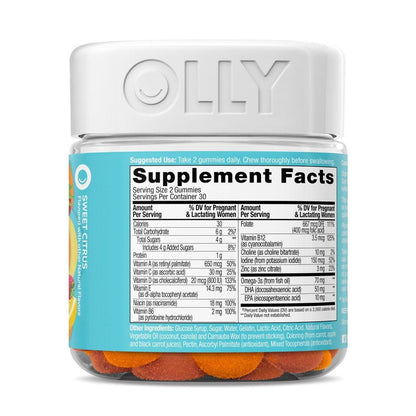 OLLY Prenatal Multivitamin Gummy, Daily Multi Blend for Mommy & Baby, Folic Acid, Omega 3 DHA, Vitamins A & D, Sweet Citrus Flavored, 42 Day Supply - 84 Count