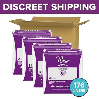 Poise Daily Liners, Incontinence Panty Liners for Bladder Leaks, 2 Drop Very Light Absorbency, Long Length, 176 Count of Pantiliners (4 Packs of 44), Packaging May Vary