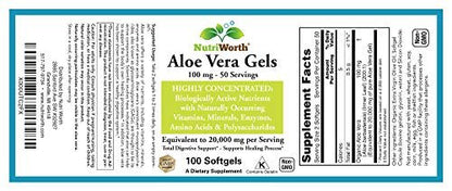 NutriWorth Aloe Vera Supplement (100 Softgels) 20,000mg Pure Gel Equivalency – Made with Organic Aloe Vera