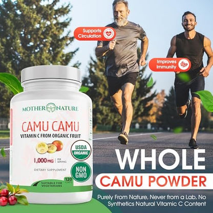 Organic Vitamin C from Camu Camu Capsules 1,000mg, Packed with Natural VIT C, Raw Antioxidants - Immune Support Supplement & Anti-Aging for Skin - Powder Organic, Vegan, Non-GMO (120 Count)