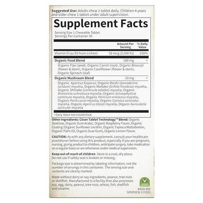 Garden of Life Organics Vegan Vitamin D3 Chewable - Raspberry Lemon, 2,000 IU (50mcg) Whole Food Vitamin D3 from Lichen Plus Food & Mushroom Blend, Gluten Free, 30 Chewable Tablets