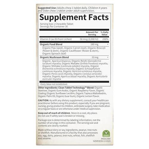 Garden of Life Organics Vegan Vitamin D3 Chewable - Raspberry Lemon, 2,000 IU (50mcg) Whole Food Vitamin D3 from Lichen Plus Food & Mushroom Blend, Gluten Free, 30 Chewable Tablets - görsel 2