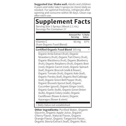 Garden of Life Organics Vitamin C Spray Featuring Amla Berry – Liquid Vitamin C Supplement for Immune & Skin Health Support, USDA Organic, Non-GMO, Vegan, Orange Tangerine Flavor, 2 Fl Oz Bottle - görsel 9