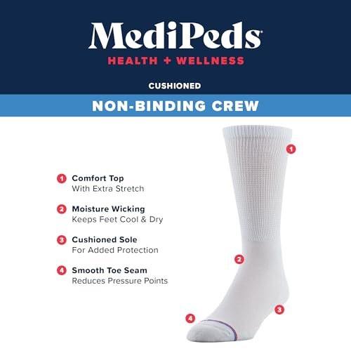 MediPeds Unisex-Adult Crew Socks With Non-Binding Top and Cushion, Multipairs, White (8-pairs), Shoe Size: Men's 7-12; Women's 10-13 - görsel 10