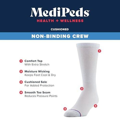 MediPeds Unisex-Adult Crew Socks With Non-Binding Top and Cushion, Multipairs, White (8-pairs), Shoe Size: Men's 7-12; Women's 10-13