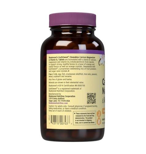 Bluebonnet Nutrition Calcium Magnesium Plus Vitamin D3 Earthsweet, Bone Health & Muscle Relaxation, Soy-Free, Gluten-Free, Kosher, Dairy-Free, 90 Orange Vanilla Flavored Chewable Tablets - görsel 6