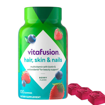 Vitafusion Gorgeous Hair, Skin & Nails Multivitamin Gummy Vitamins with Biotin and Antioxidant Vitamins C & E, Raspberry Flavor, 100 Count (33-Day Supply)