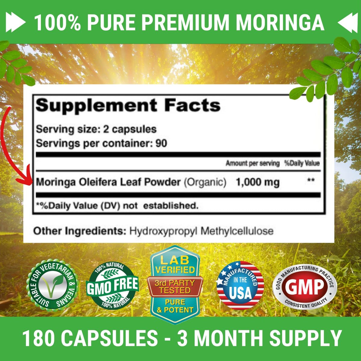 FRESH HEALTHCARE Moringa Capsules – 100% Pure Leaf Powder - 180 Pills, Non-GMO - 3 Month Supply - Complete Green Superfood for Energy, Skin, Immune & Gut Health Support - görsel 4