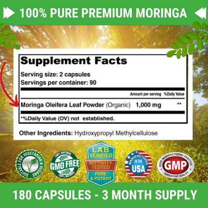FRESH HEALTHCARE Moringa Capsules – 100% Pure Leaf Powder - 180 Pills, Non-GMO - 3 Month Supply - Complete Green Superfood for Energy, Skin, Immune & Gut Health Support