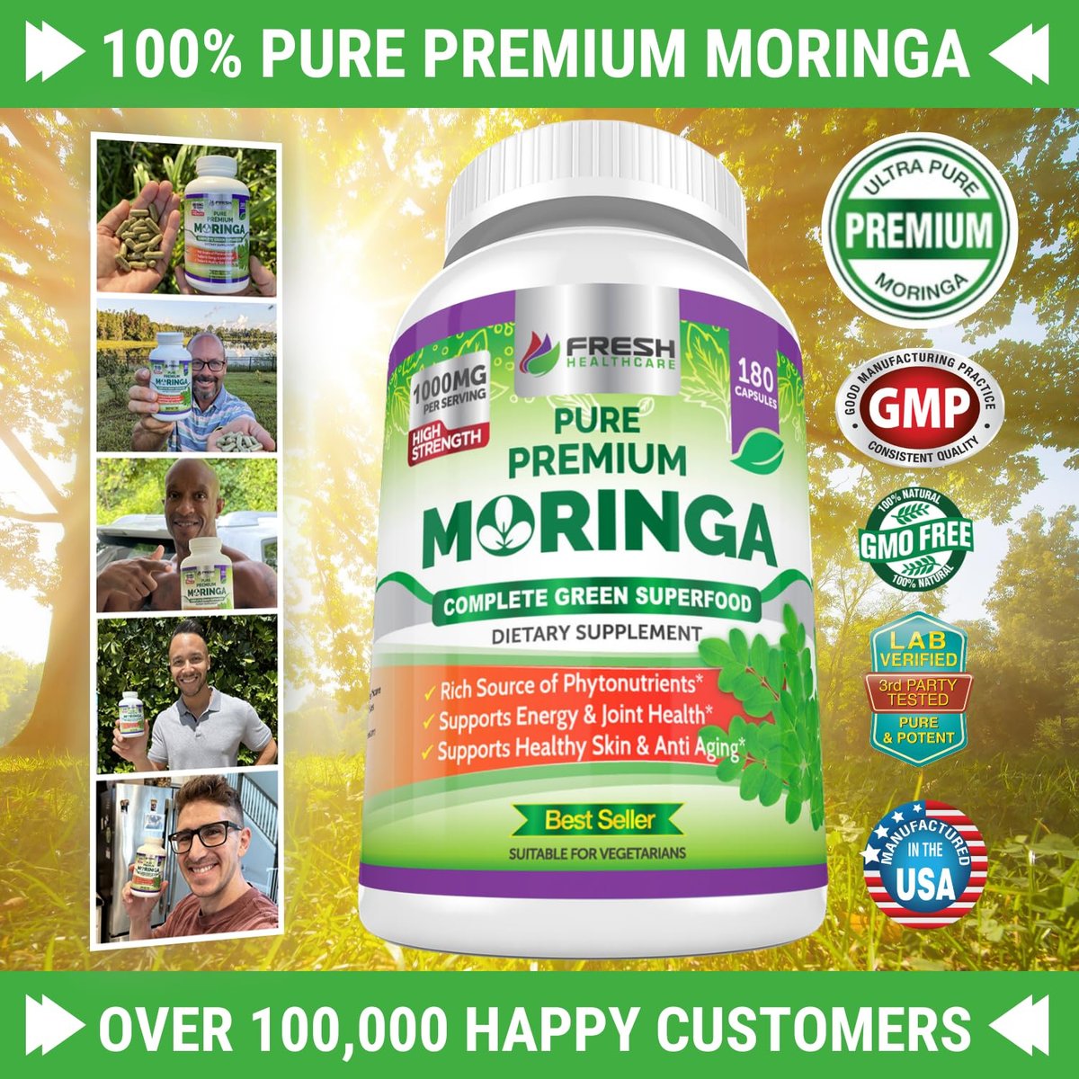 FRESH HEALTHCARE Moringa Capsules – 100% Pure Leaf Powder - 180 Pills, Non-GMO - 3 Month Supply - Complete Green Superfood for Energy, Skin, Immune & Gut Health Support - görsel 12