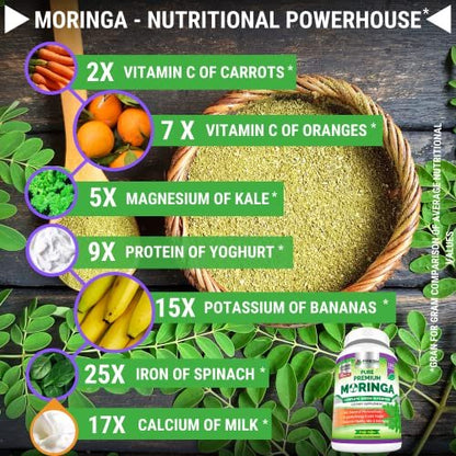 FRESH HEALTHCARE Moringa Capsules – 100% Pure Leaf Powder - 180 Pills, Non-GMO - 3 Month Supply - Complete Green Superfood for Energy, Skin, Immune & Gut Health Support