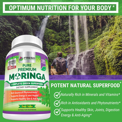 FRESH HEALTHCARE Moringa Capsules – 100% Pure Leaf Powder - 180 Pills, Non-GMO - 3 Month Supply - Complete Green Superfood for Energy, Skin, Immune & Gut Health Support