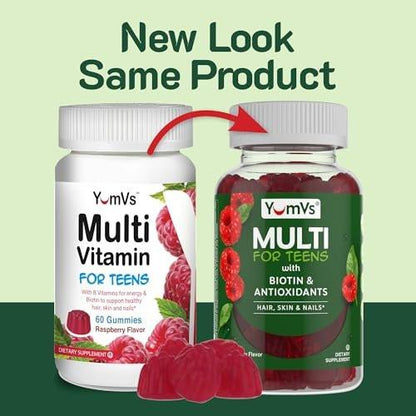 YUM-V'S Teen Multivitamin Gummies with Biotin & Antioxidants – Raspberry Flavor – Hair, Skin & Nails Support – Kosher Gummy Vitamins for Teen Boys & Girls Ages 12–17 – 60 Count