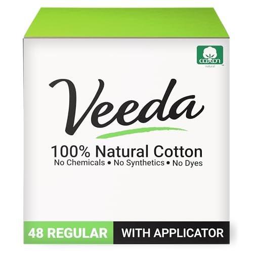 Veeda 100% Natural Cotton Tampons - Regular Absorbency with Leak Proof Protection - Compact BPA-Free Applicator - Unscented & Free from Chlorine, Toxin - 48 Count - görsel 1