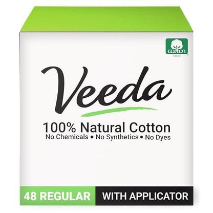 Veeda 100% Natural Cotton Tampons - Regular Absorbency with Leak Proof Protection - Compact BPA-Free Applicator - Unscented & Free from Chlorine, Toxin - 48 Count