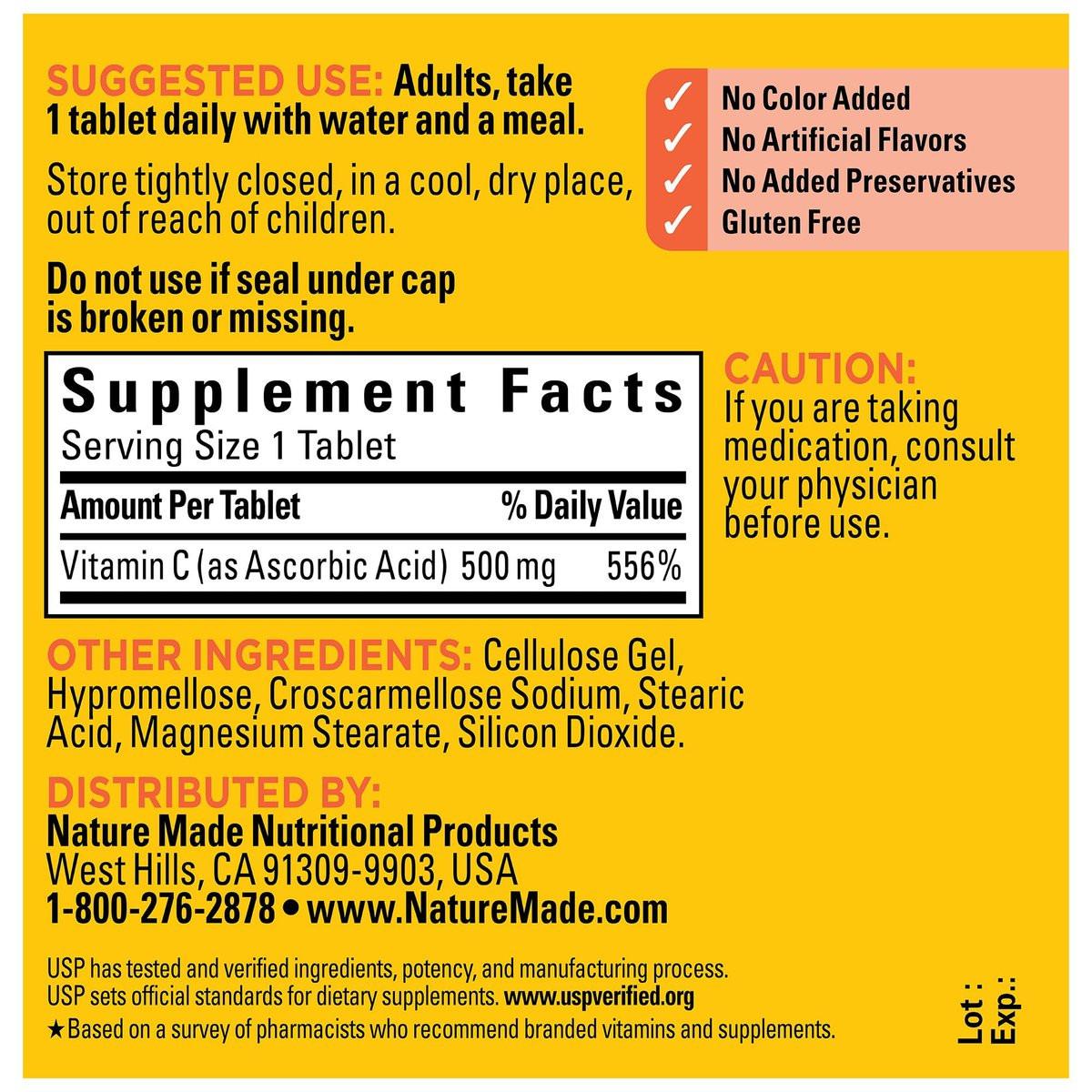 Nature Made Vitamin C 500 mg Tablets, Dietary Supplement for Immune Support, 100 Tablets, 100 Day Supply - görsel 5
