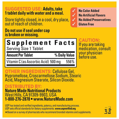 Nature Made Vitamin C 500 mg Tablets, Dietary Supplement for Immune Support, 100 Tablets, 100 Day Supply